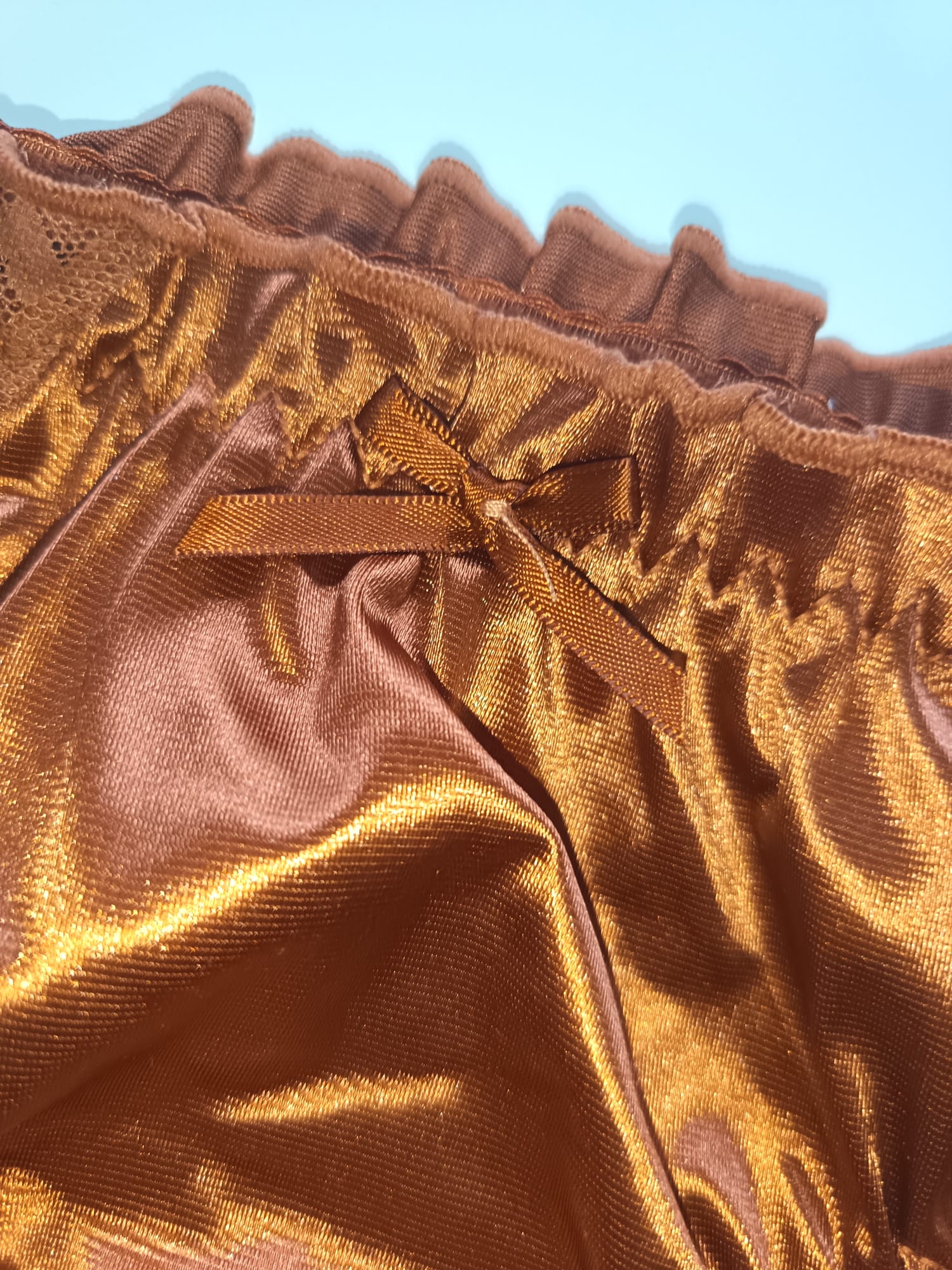 🌹 Copper Satin Mesh Frilly Knickers Panties Lace Bow Silky size XL 16-18