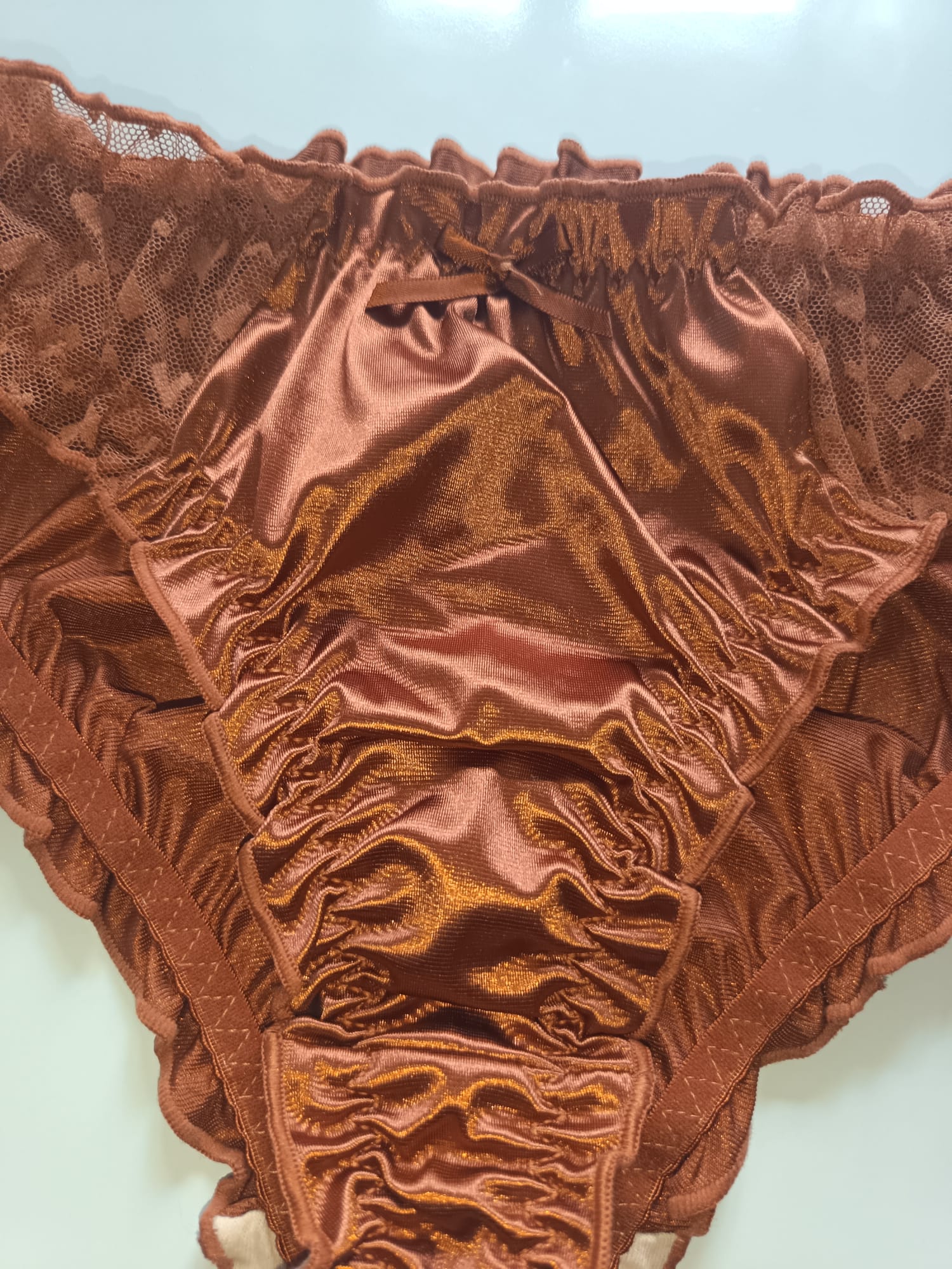 🌹 Copper Satin Mesh Frilly Knickers Panties Lace Bow Silky size XL 16-18