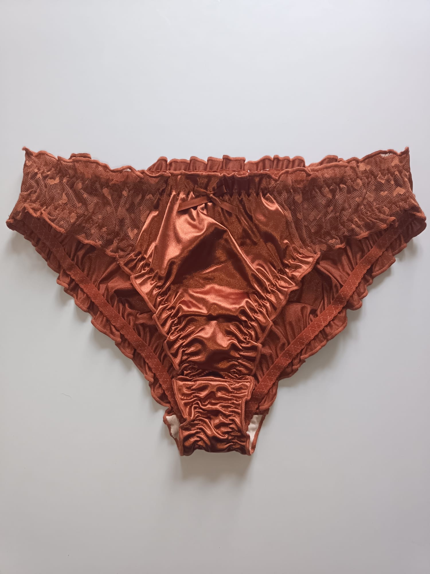 🌹 Copper Satin Mesh Frilly Knickers Panties Lace Bow Silky size XL 16-18