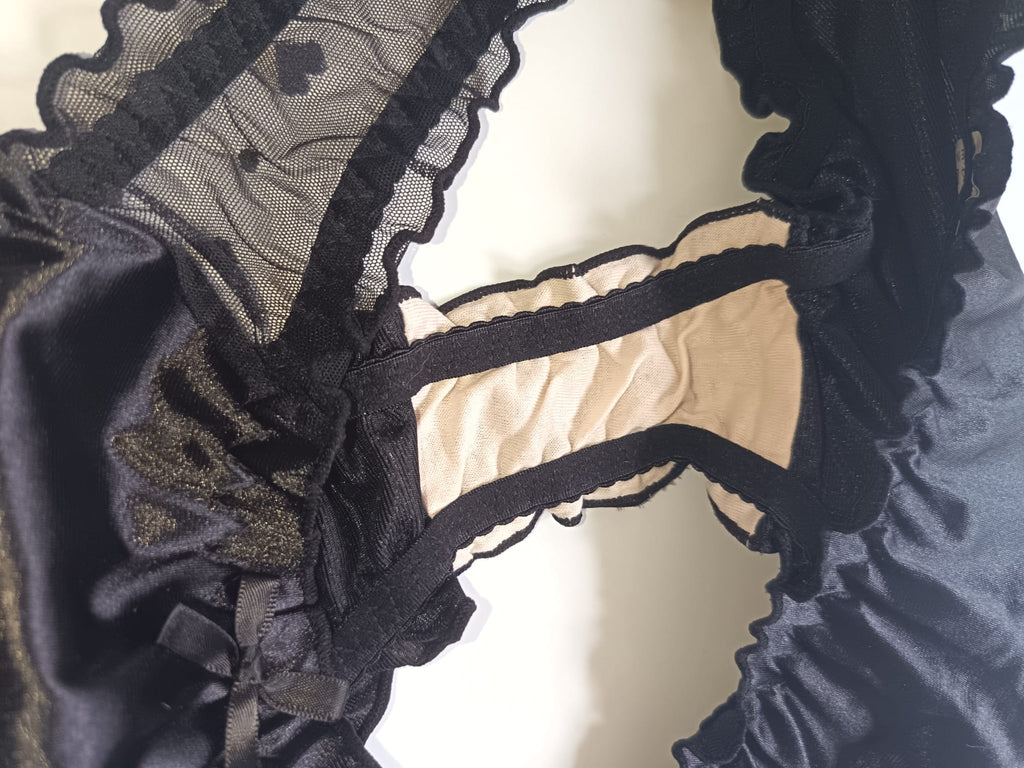🌹 Black Satin Mesh Frilly Knickers Panties Lace Bow Silky size XL 16-18