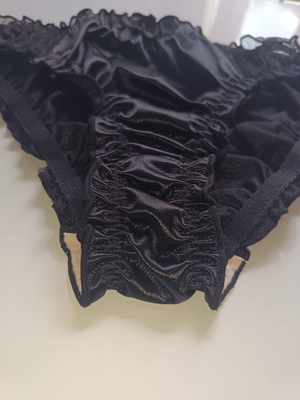 🌹 Black Satin Mesh Frilly Knickers Panties Lace Bow Silky size XL 16-18