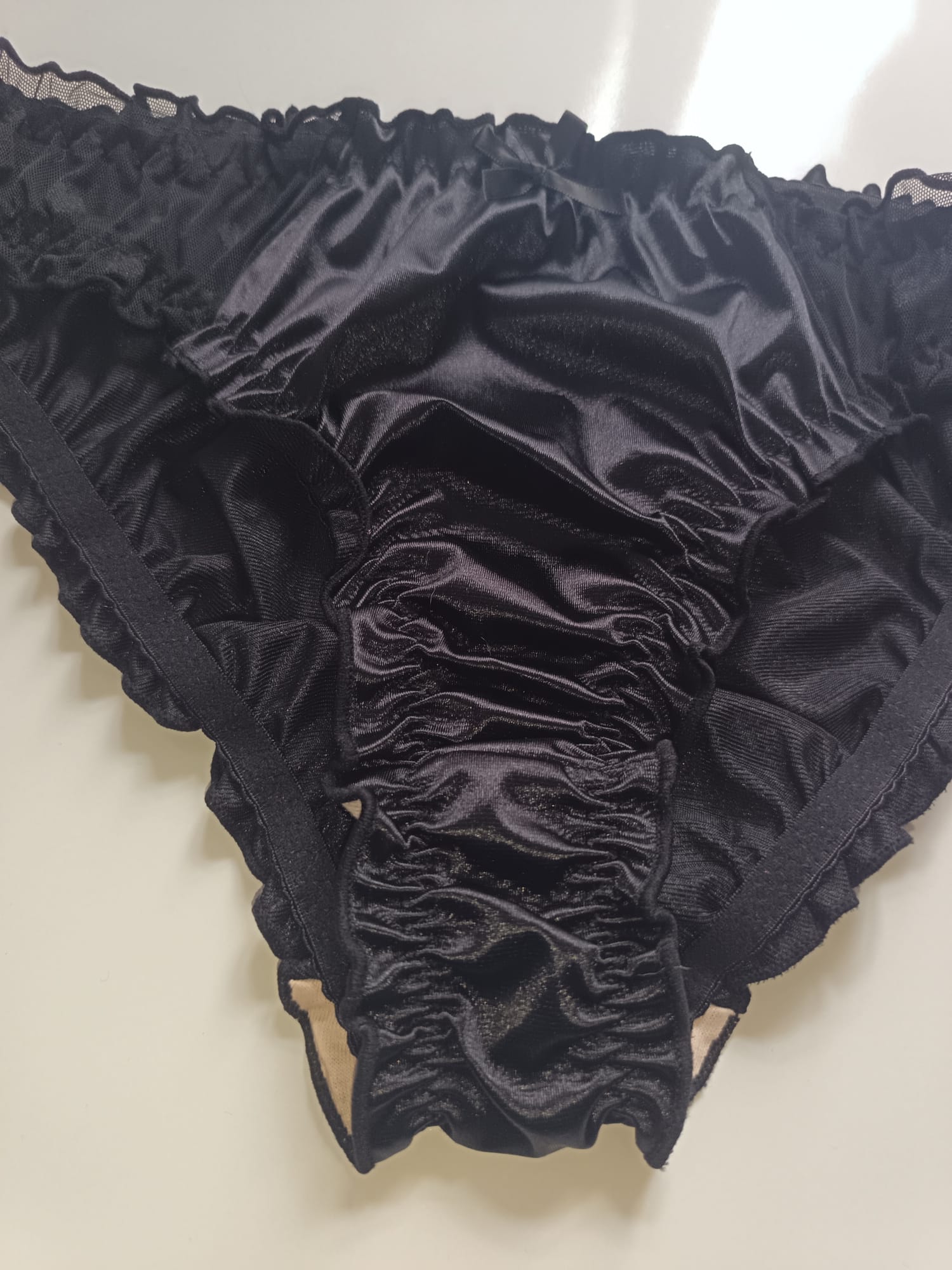 🌹 Black Satin Mesh Frilly Knickers Panties Lace Bow Silky size XL 16-18