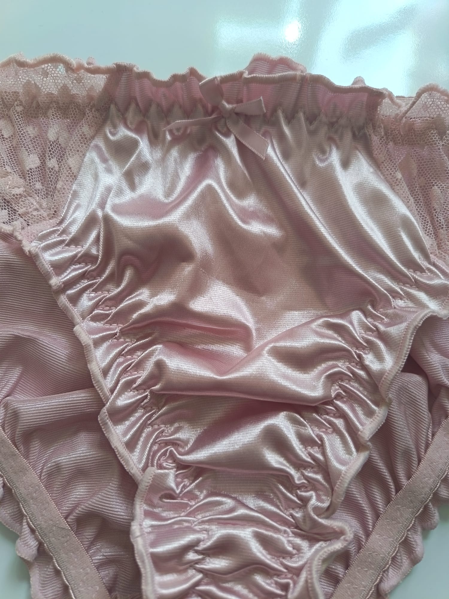 🌹 Pink Satin Mesh Frilly Knickers Panties Lace Bow Silky size XL 16-18
