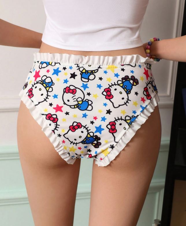 Women’s Soft Cosy Knickers Frilly Ruffle Bow Cartoon Print panties size L 12-14
