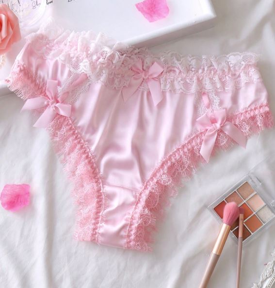 Pink Satin Knickers Frilly Lace Bow Silky Full Brief Panties Coquette size S 8