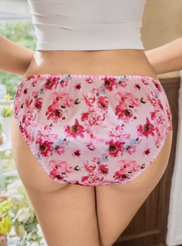 Women's pink floral silky panties satin knickers summery design size S 8