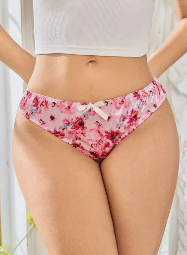 Women's pink floral silky panties satin knickers summery design size S 8