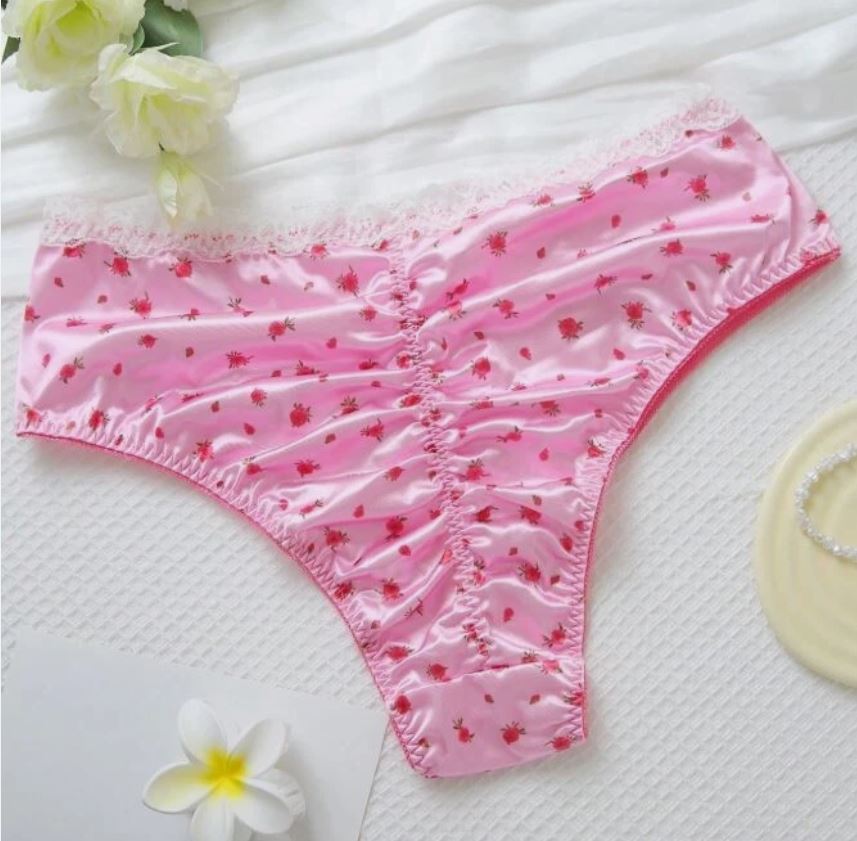 💖 Women’s Satin Ruched Back silky Knickers Pink Rose Print Lace Trim Panties size XL 16-18