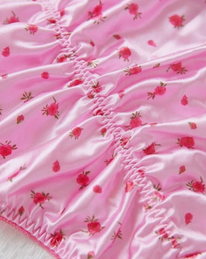 💖 Women’s Satin Ruched Back silky Knickers Pink Rose Print Lace Trim Panties size 4XL 24