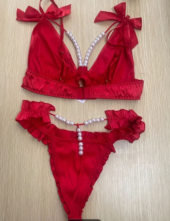 Womens Red Satin Lingerie Set Size M UK 10 Bra Frilly Knickers Pearl Bow