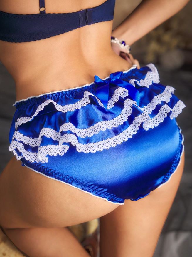Womens Satin Frilly Knickers Sissy Maid Lace Ruffle Briefs Blue M 10