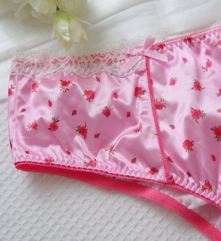 💖 Women’s Satin Ruched Back silky Knickers Pink Rose Print Lace Trim Panties size 3XL 22