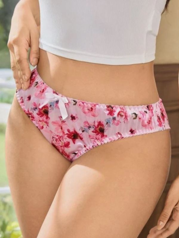 Women's pink floral silky panties satin knickers summery design size S 8