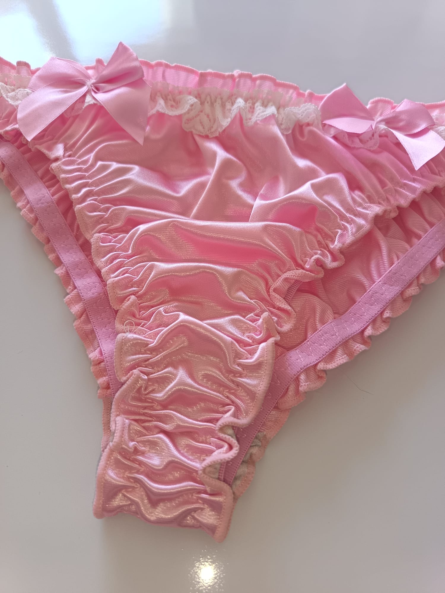 emojis 💖 Women's Pink Satin Ruffle Knickers | Silky Panties | Cute Bow Briefs | Kawaii Coquette Lingerie | Soft Stretch Underwear 💖 size S 8