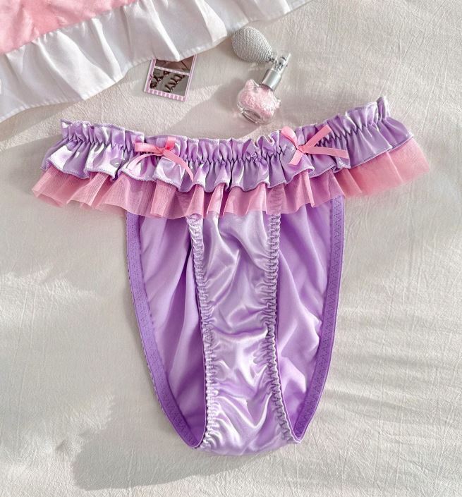 Lilac Satin Lace Frilly ruffles mesh Knickers silky Panties size M UK 10 💕
