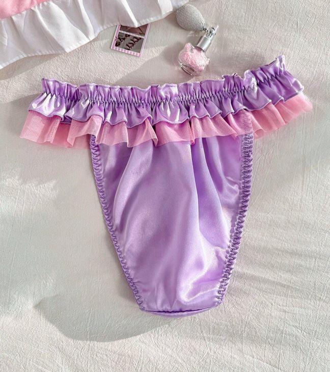 Lilac Satin Lace Frilly ruffles mesh Knickers silky Panties size L UK 12-14 💕