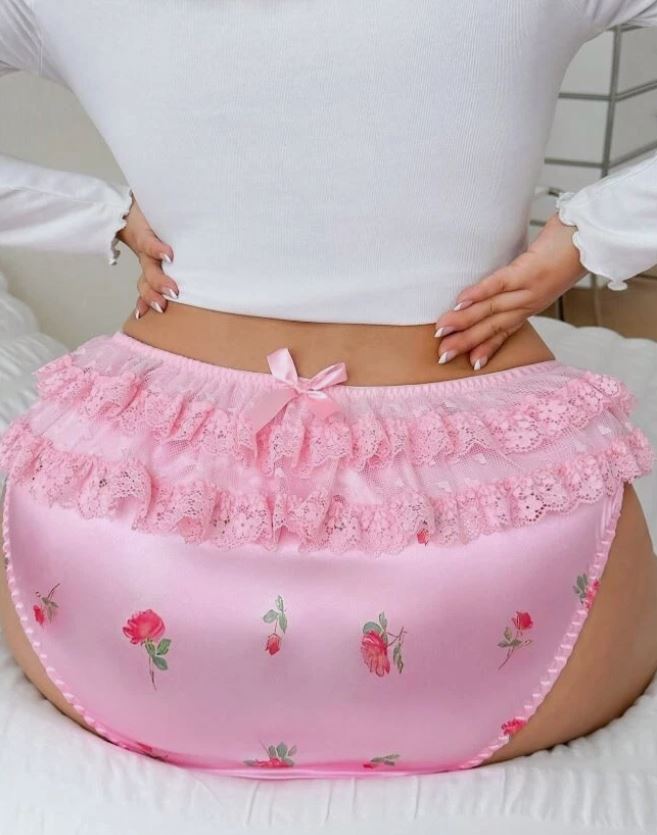Women's Satin Lace Ruffle silky Knickers Pink Rose Floral Panties size 3XL 22