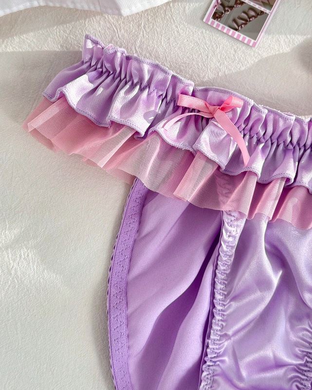 Lilac Satin Lace Frilly ruffles mesh Knickers silky Panties size L UK 12-14 💕
