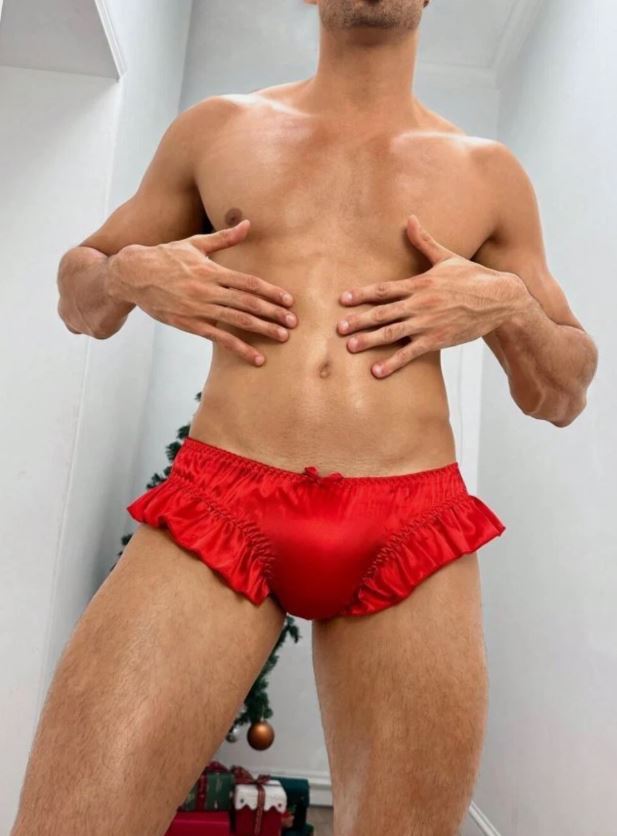 Mens Red Satin Silky Frilly Knickers Ruffle Panties Briefs Underwear size L 12-14