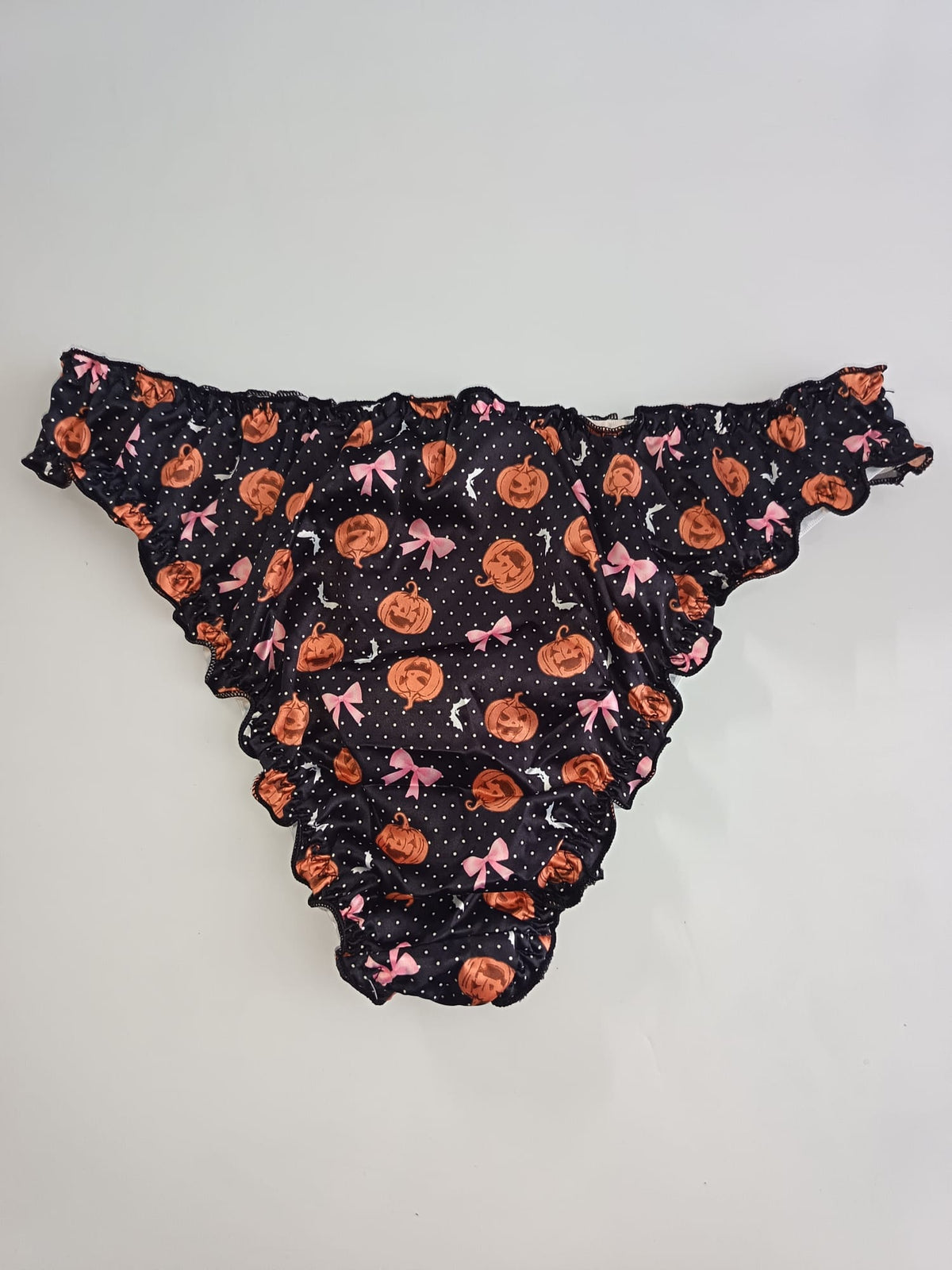 Halloween Silky Satin Knickers Pumpkin Bat Pink Bow Ruffle Panties size M 10