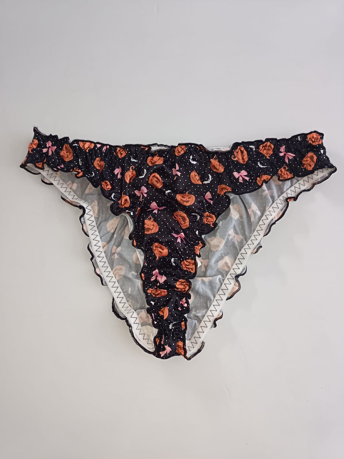 Halloween Silky Satin Knickers Pumpkin Bat Pink Bow Ruffle Panties size M 10