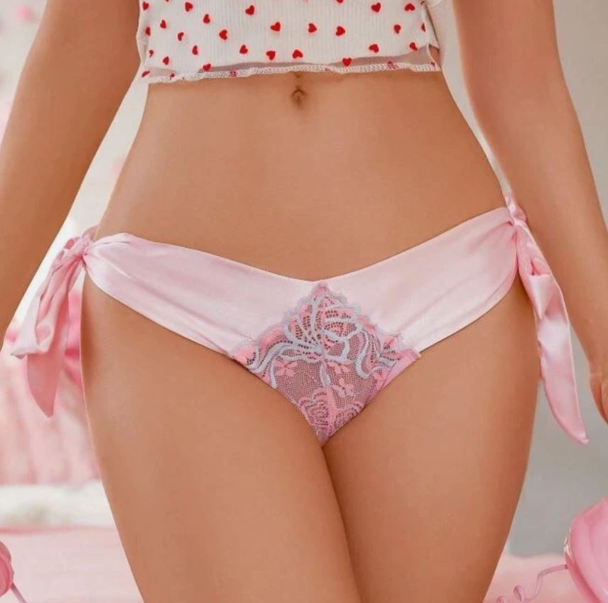 Women's soft silky feel satin knickers side ties pink panties lace detail size S 8