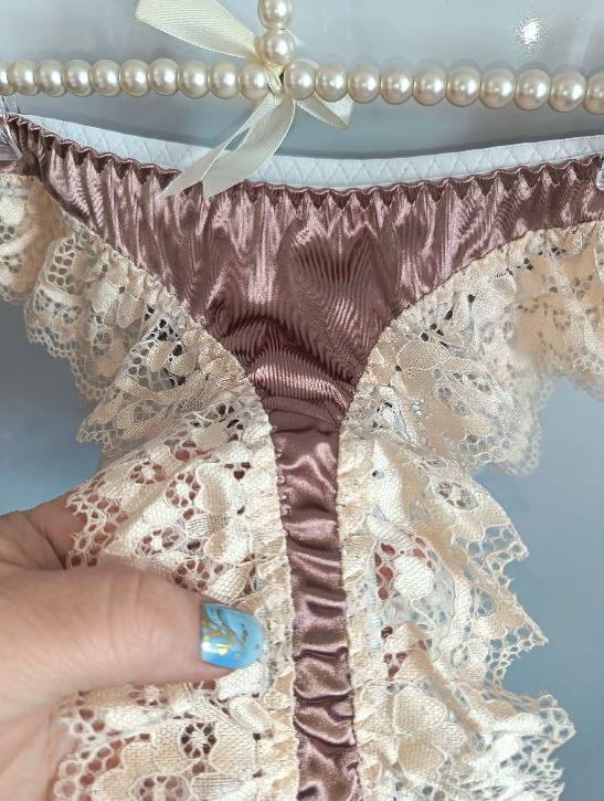 Womens Satin Lace Knickers Frilly Sissy Panties silky thongs Rose gold S 8