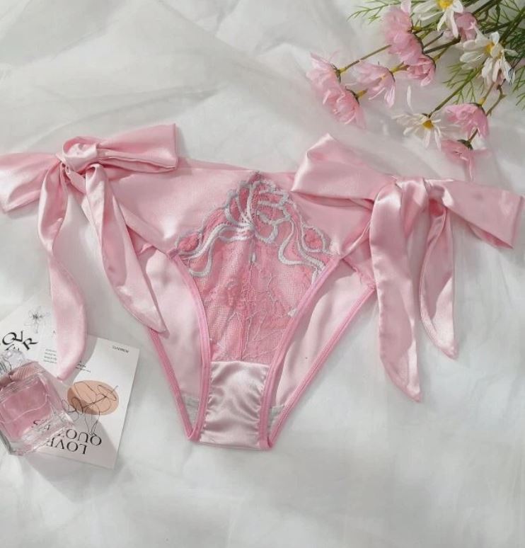 Women's soft silky feel satin knickers side ties pink panties lace detail size M 10