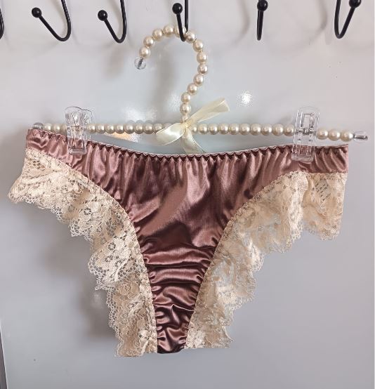 Womens Satin Lace Knickers Frilly Sissy Panties silky thongs Rose gold L 12-14