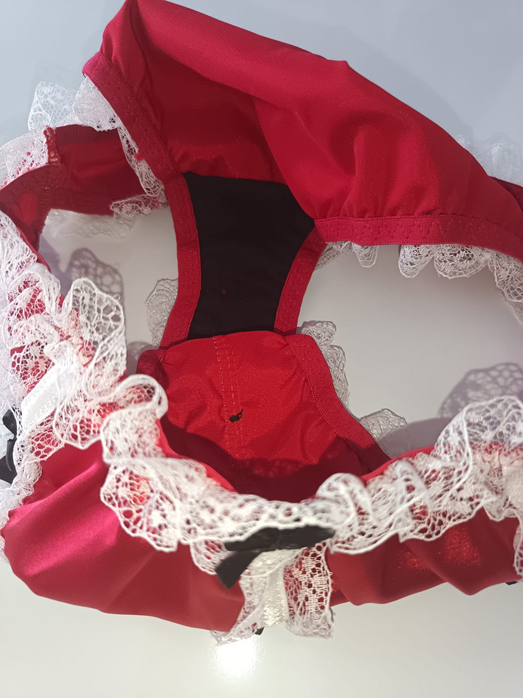Women’s Red Satin Knickers White Lace Black Bows silky panties size M 10