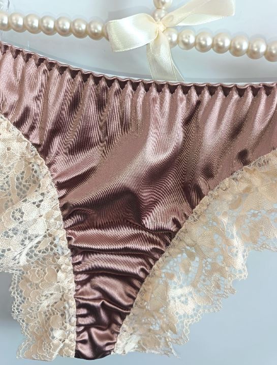 Womens Satin Lace Knickers Frilly Sissy Panties silky thongs Rose gold L 12-14