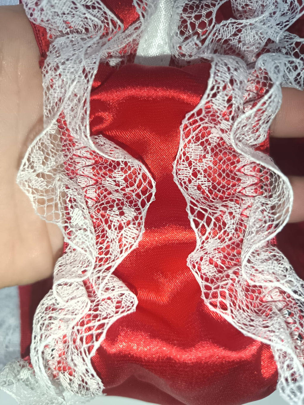 Women’s Red Satin Knickers White Lace Black Bows silky panties size S 8