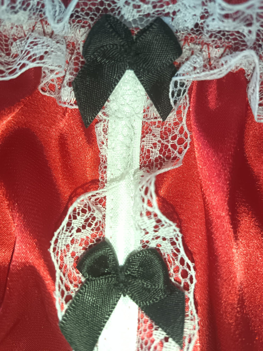 Women’s Red Satin Knickers White Lace Black Bows silky panties size S 8