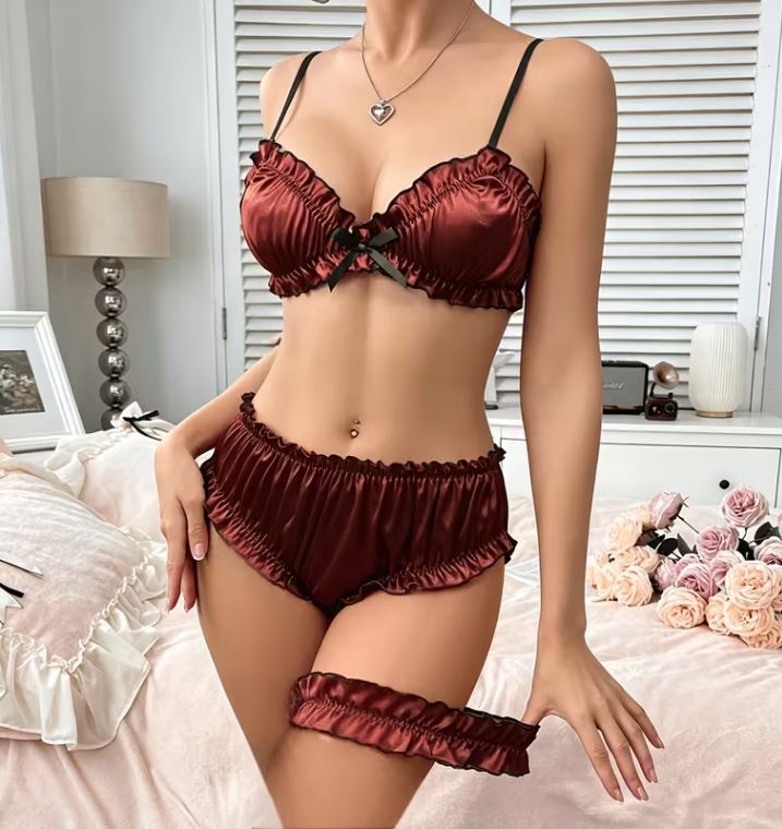 Bronze Satin Lingerie Set Bra Knickers Garter Ruffle Silky Frilly Sexy S 8