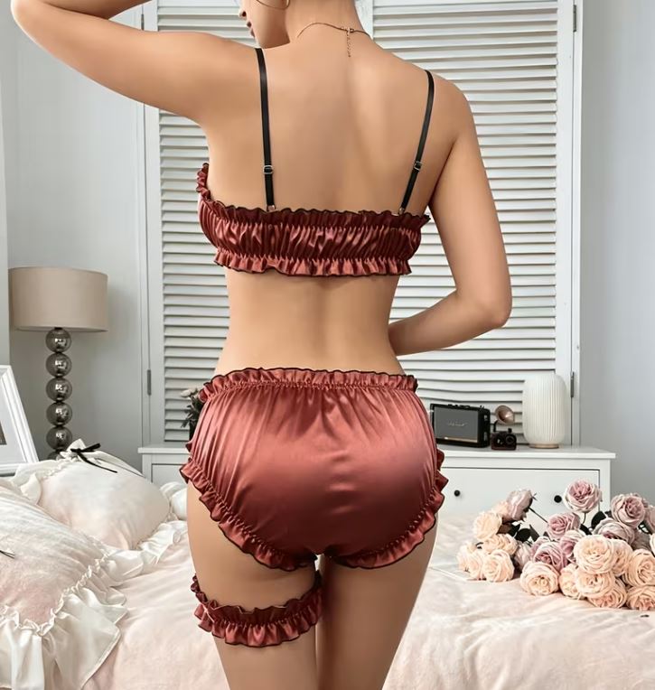 Bronze Satin Lingerie Set Bra Knickers Garter Ruffle Silky Frilly Sexy M 10