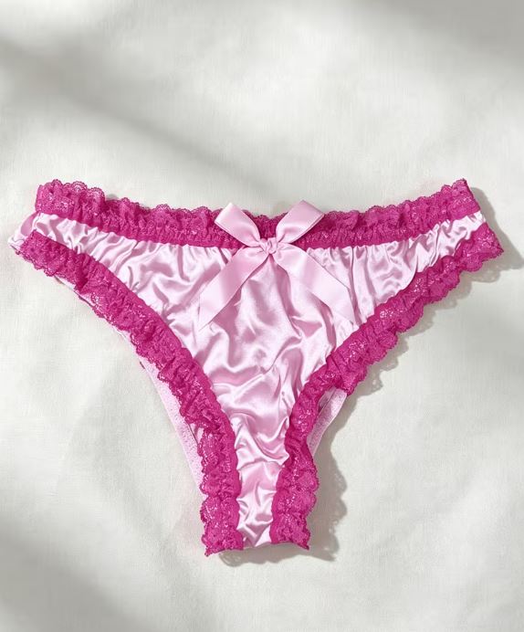 Pink Silky Satin Knickers Hot Pink Lace Frilly Bow Briefs size XL 16-18