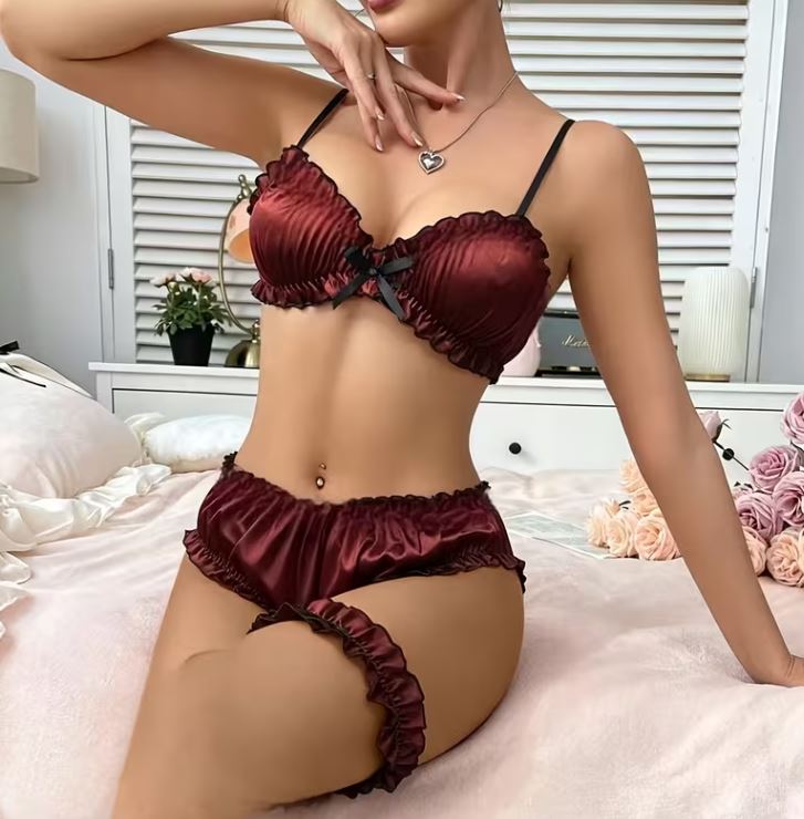 Bronze Satin Lingerie Set Bra Knickers Garter Ruffle Silky Frilly Sexy M 10