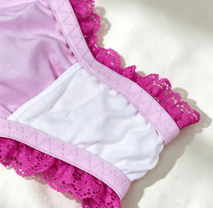 Pink Silky Satin Knickers Hot Pink Lace Frilly Bow Briefs size L 12-14