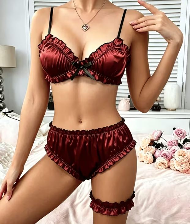 Bronze Satin Lingerie Set Bra Knickers Garter Ruffle Silky Frilly Sexy M 10