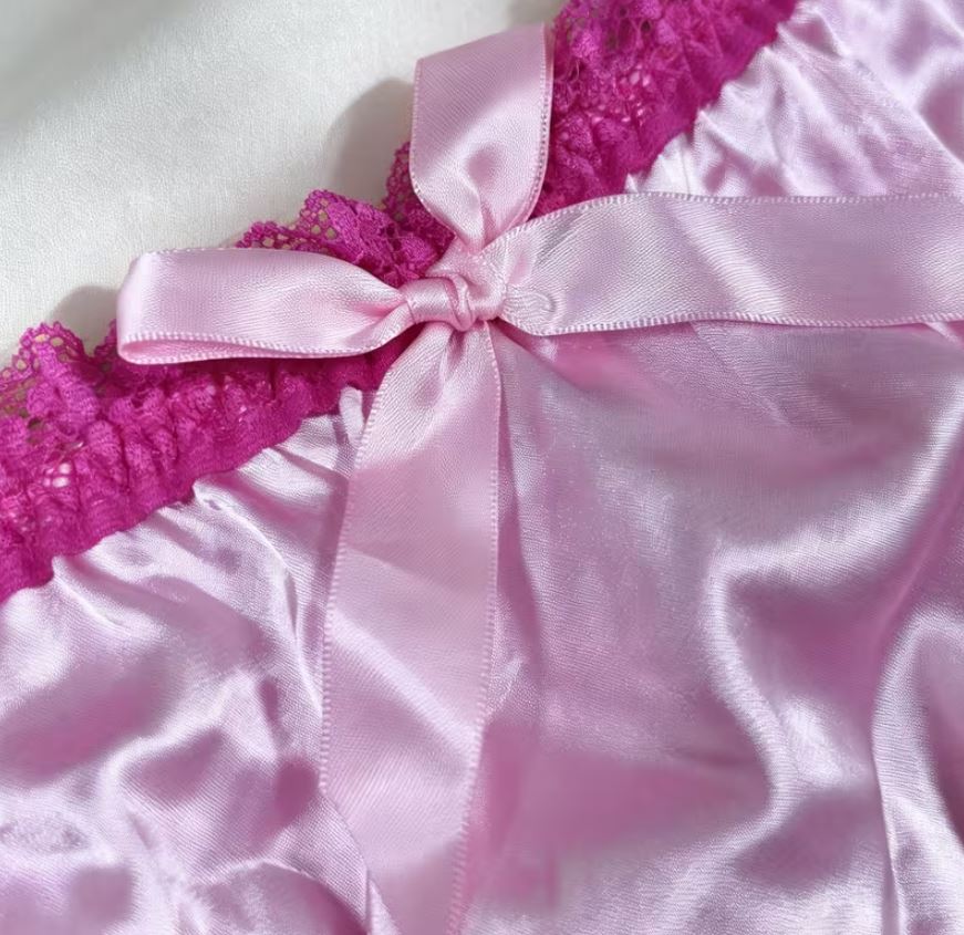 Pink Silky Satin Knickers Hot Pink Lace Frilly Bow Briefs Lingerie size S 8