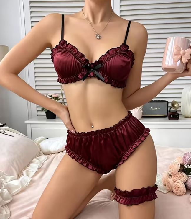 Bronze Satin Lingerie Set Bra Knickers Garter Ruffle Silky Frilly Sexy M 10
