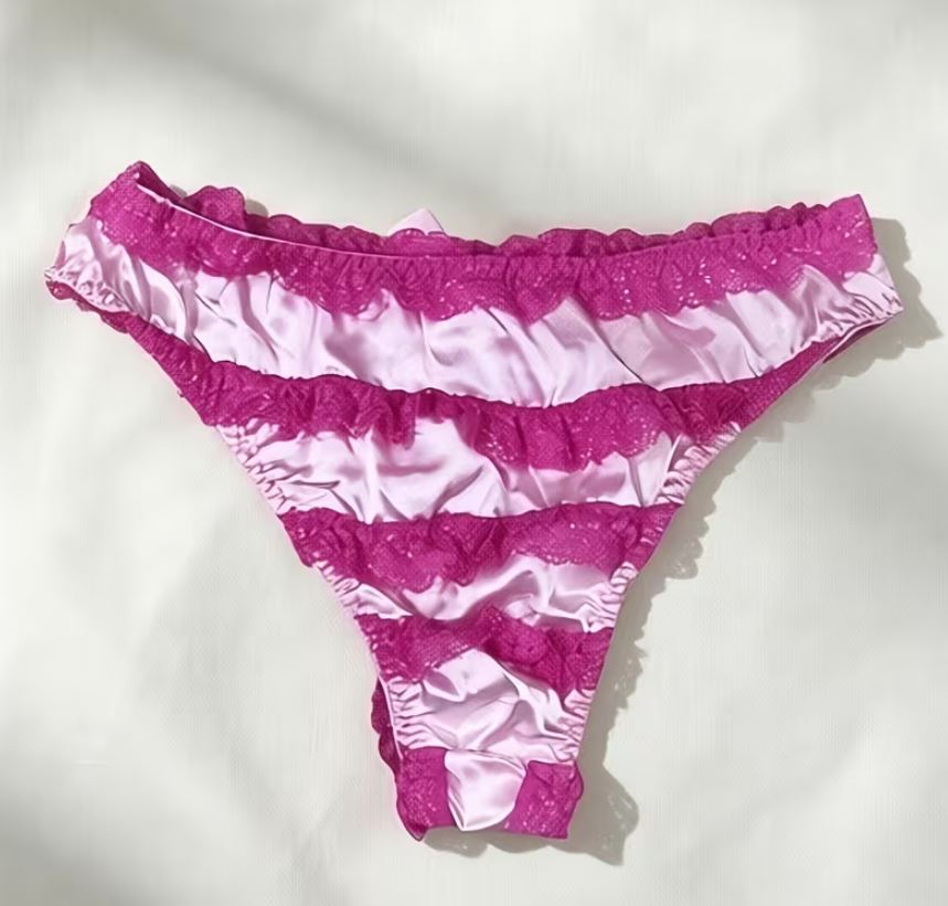 Pink Silky Satin Knickers Hot Pink Lace Frilly Bow Briefs Lingerie size S 8