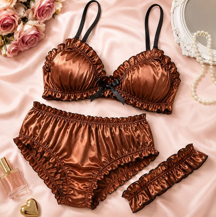 Bronze Satin Lingerie Set Bra Knickers Garter Ruffle Silky Frilly Sexy M 10
