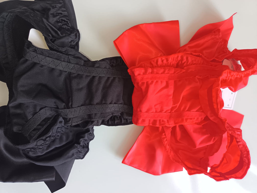 2 Pack Satin Knickers Ladies Size S UK 8 Red Black Big Bow silky panties