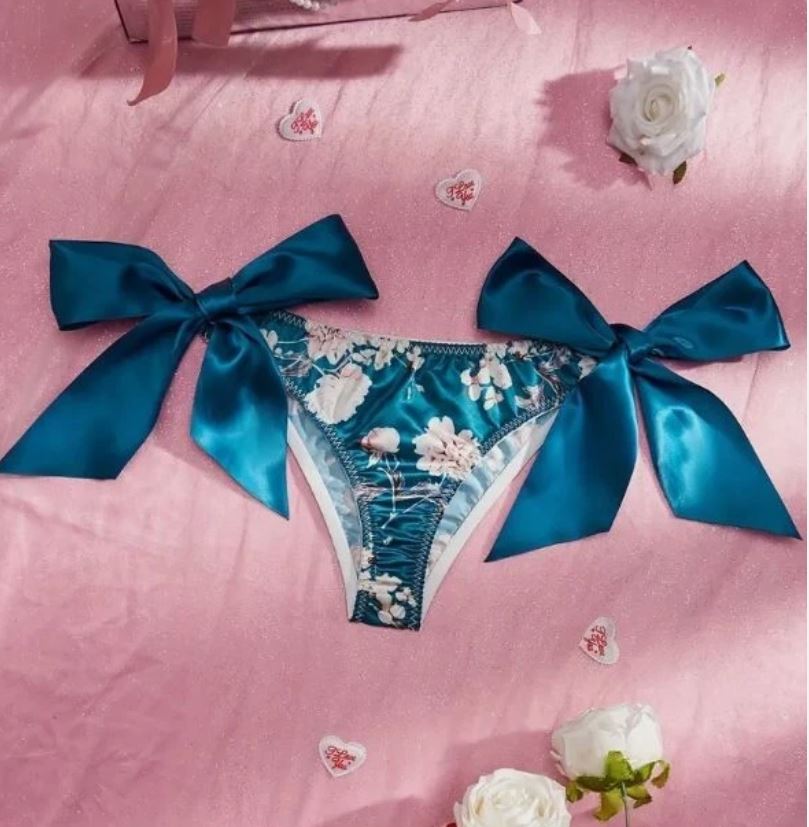 🎀 Satin Floral Sissy Knickers Side Bow Panties Briefs Teal size 10 M
