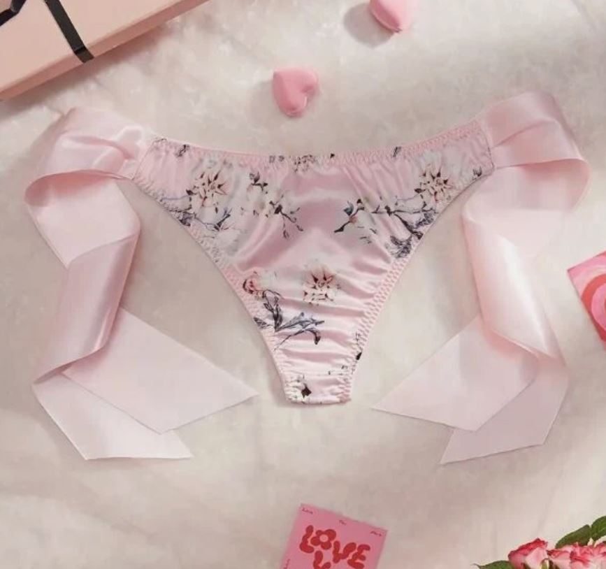 🎀 Satin Floral Sissy Knickers Side Bow Panties Briefs pink size 8 S