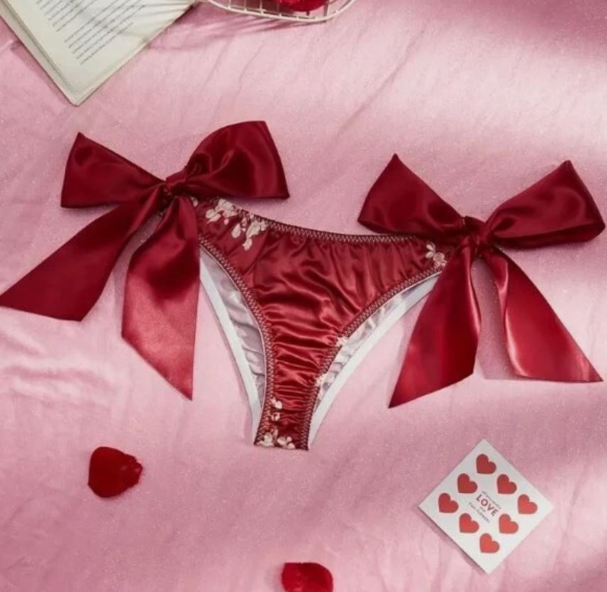 🎀 Satin Floral Sissy Knickers Side Bow Panties Briefs red size 16-18 XL