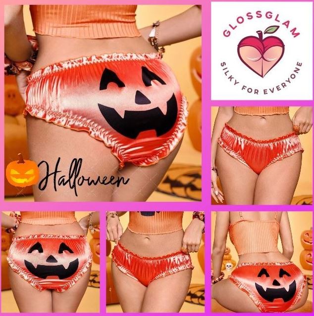 Halloween Orange Knickers Pumpkin Face Frilly Glossy Briefs Women’s size M 10