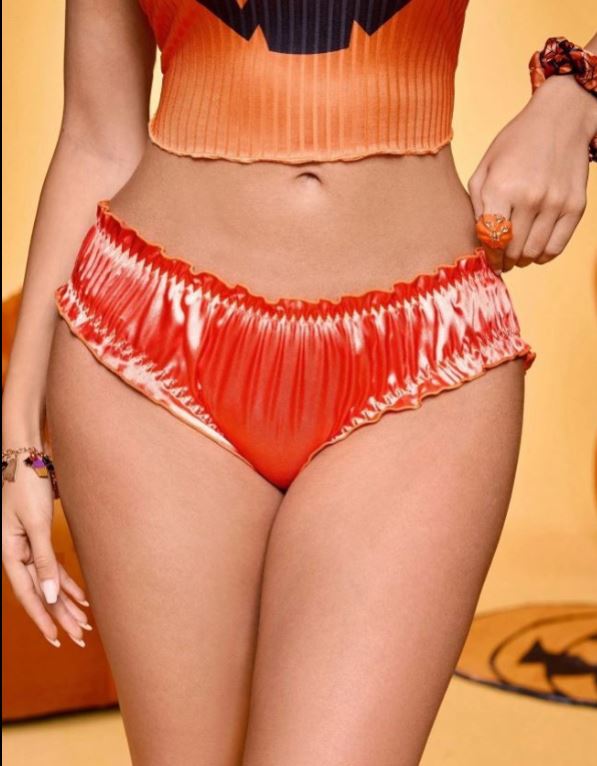 Halloween Orange Knickers Pumpkin Face Frilly Glossy Briefs Women’s size M 10