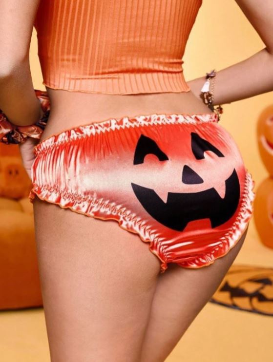 Halloween Orange Knickers Pumpkin Face Frilly Glossy Briefs Women’s size M 10